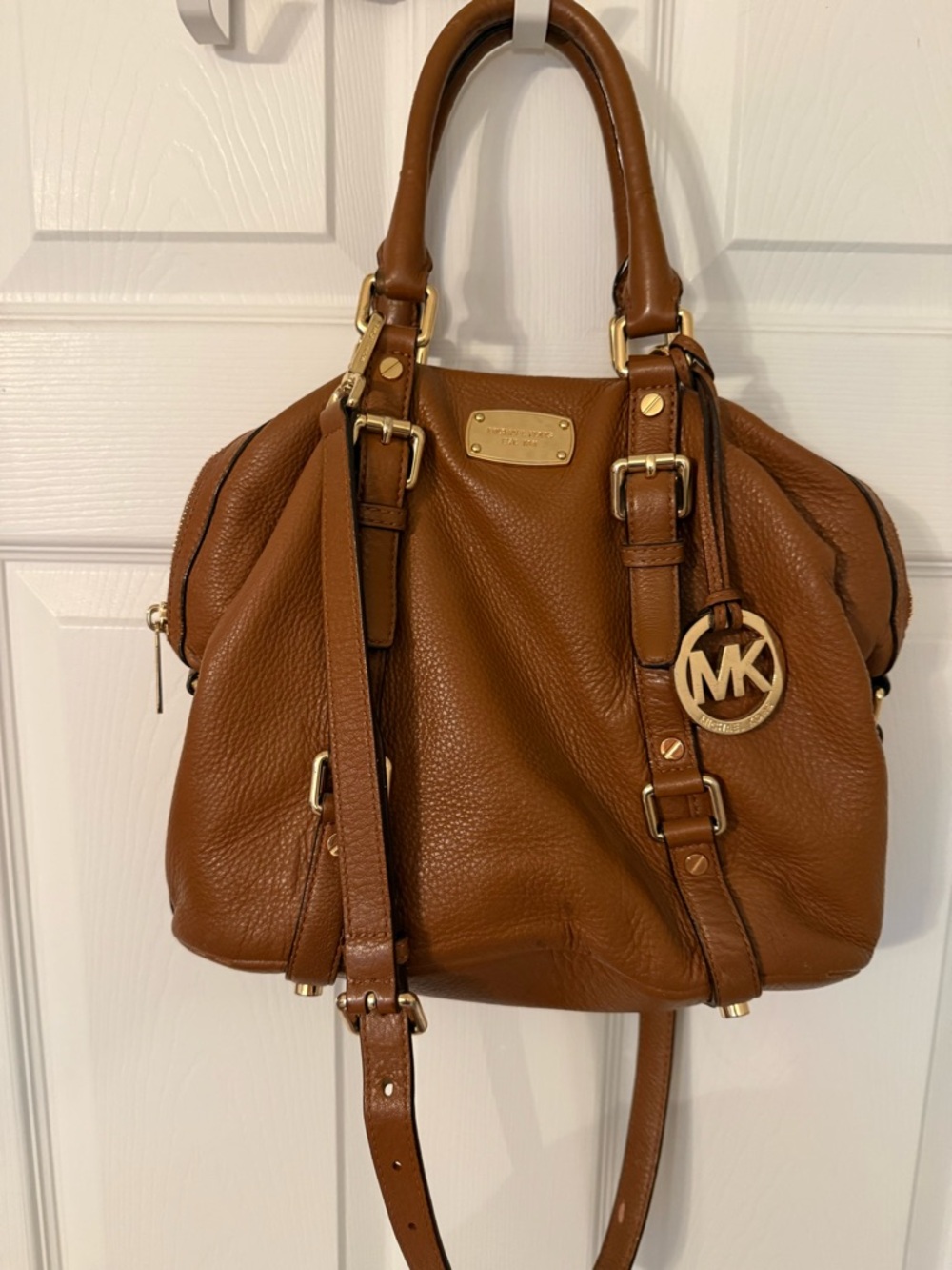 Michael Kors Tan Pebbled Leather Shoulder Satchel with Gold Hardware